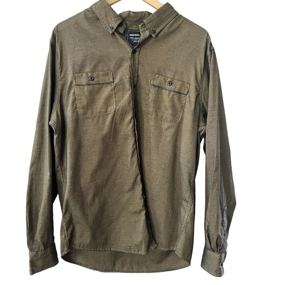 Paper Denim & Cloth Mens Olive Green Long Sleeve Collared Button-Up Shirt Sz XL - Picture 1 of 12
